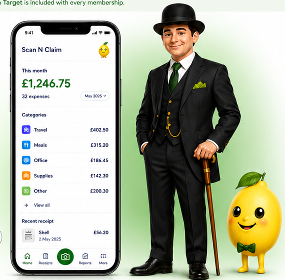 The Scan N Claim mobile app beside the gentleman and Lemon mascots